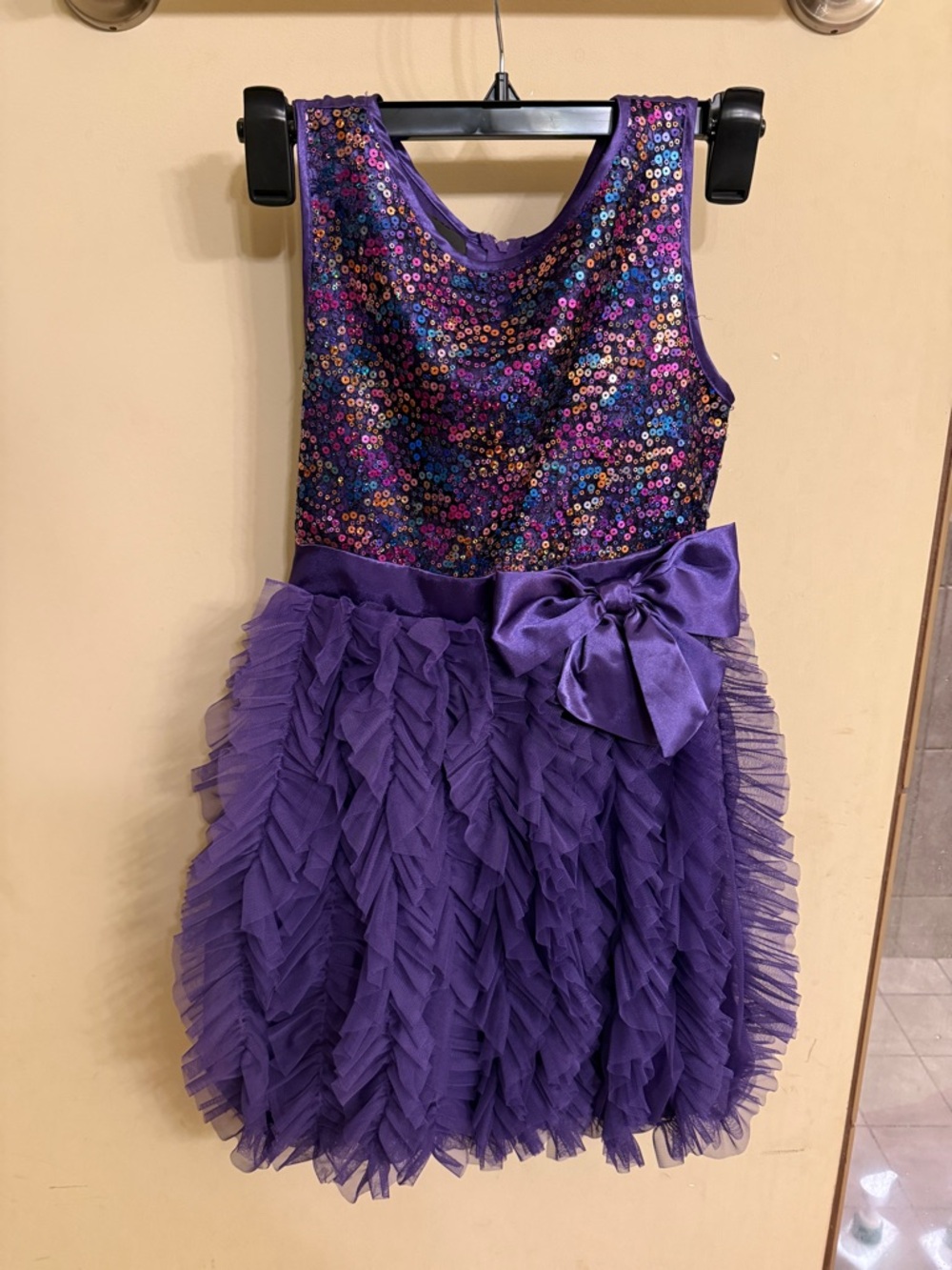 Biscotti Purple Sequin Bodice Ruffle Tulle Dress with Bow